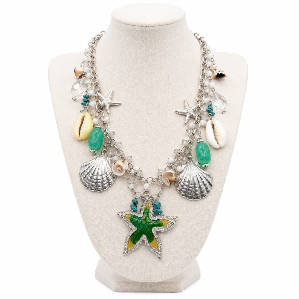 Beach Coastal Statement Necklace Cowrie Shell Starfish Seashell Charms Silver To